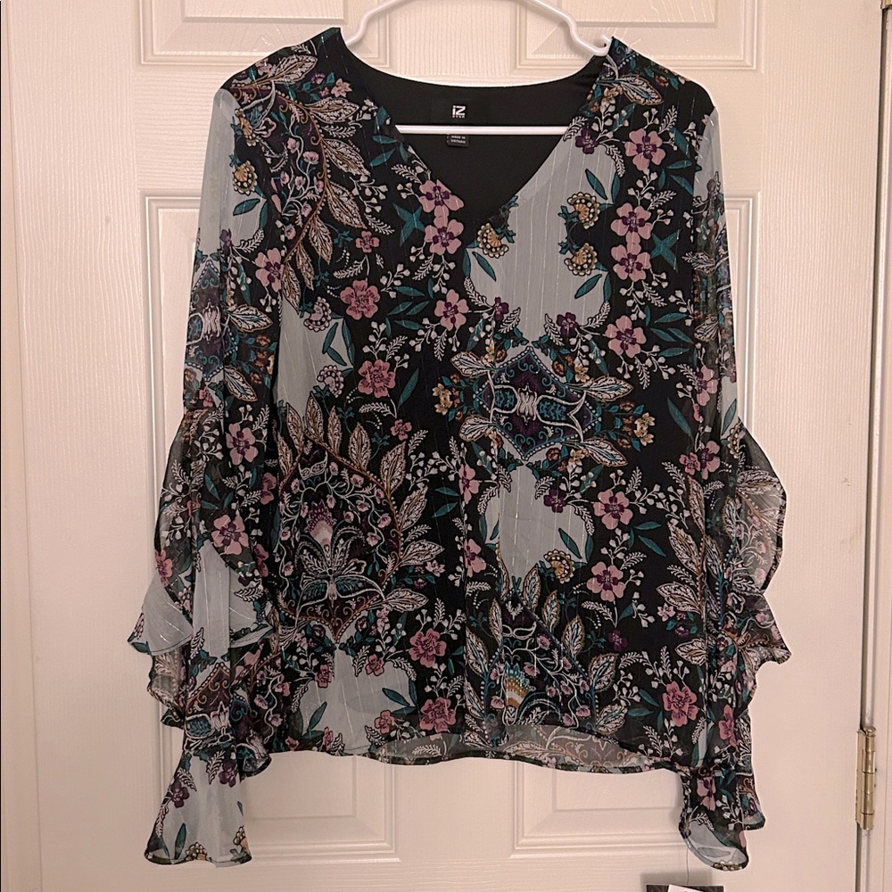Iz Byer Black, Sage Green & Pink Floral V-Neck Boho Flutter Sleeve Flowy Blouse